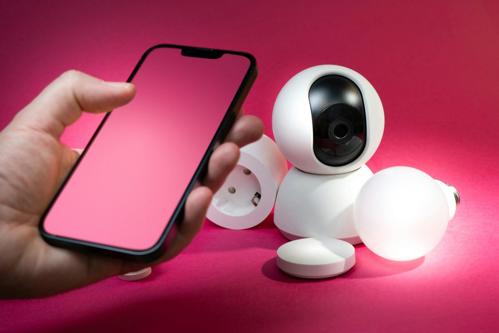 pexels-photo-22610381-22610381 Smart home setup including smartphone and security devices against a vibrant pink background.